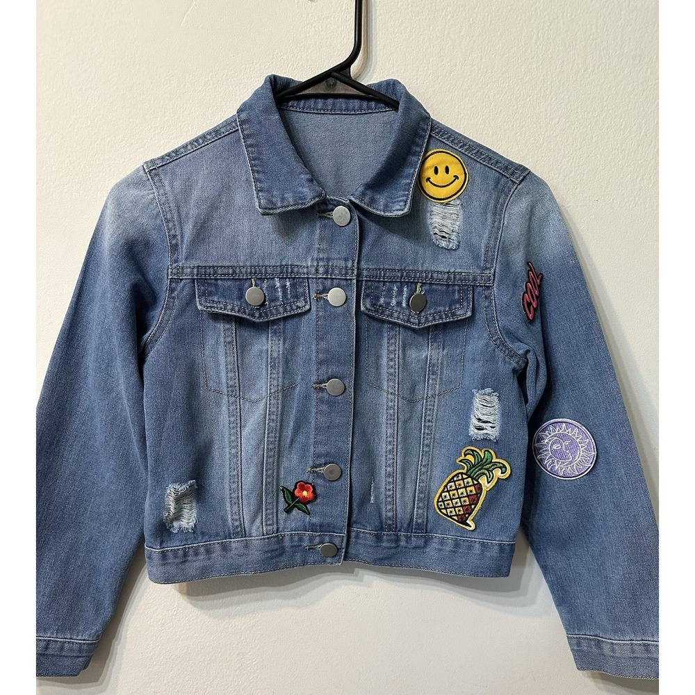 Girls Distressed Patch Denim Jean Jacket Medium Wash Novelty Size 8-9Y Cute Boho